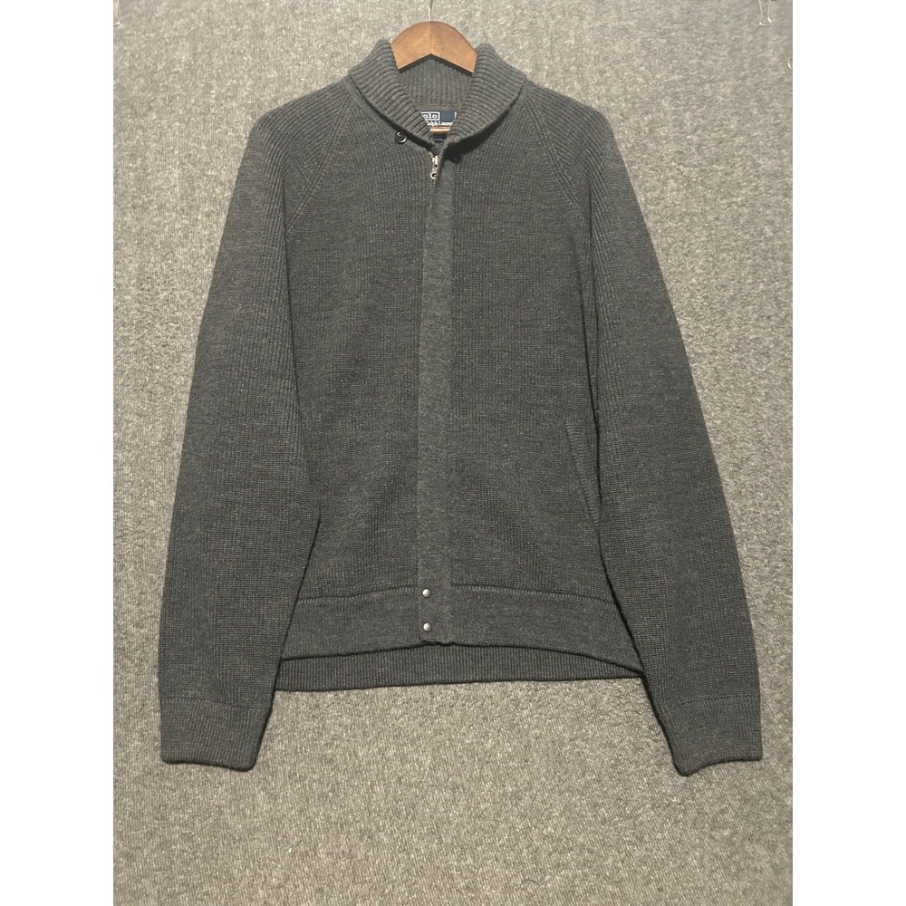 Vintage Polo Ralph Lauren Sweater Mens 2XL Gray 100% Wool Full Zip Shawl Collar